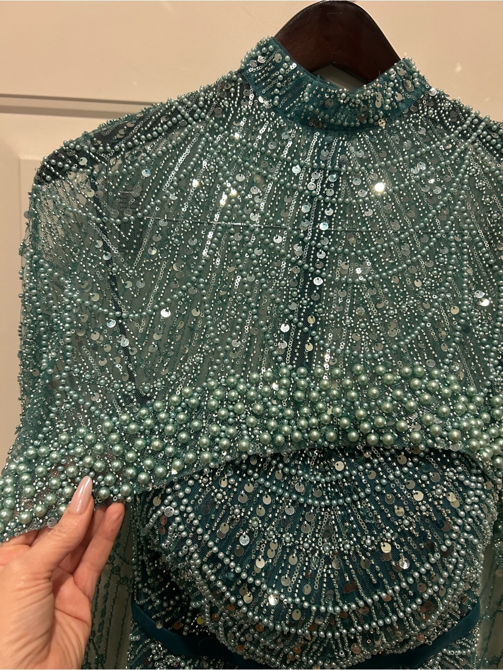 Beaded Evening Dress with Long Beaded Cape in Teal-Blue - Picture 6 of 10
